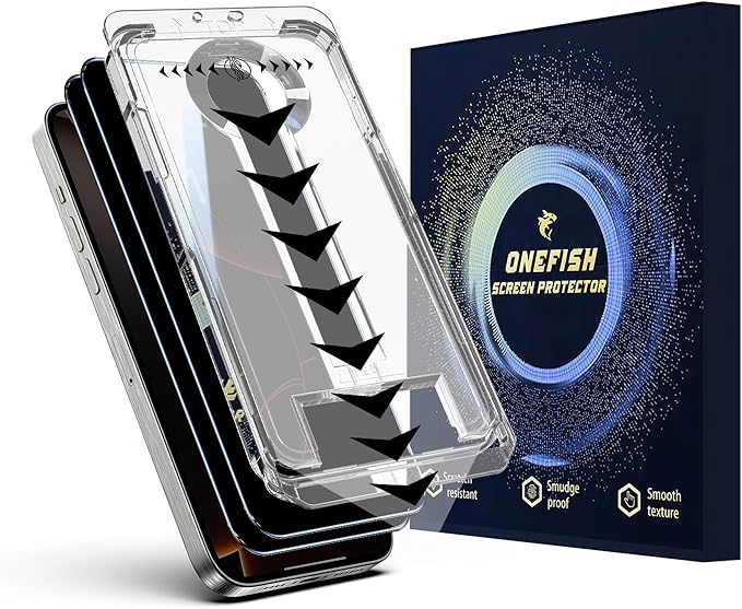 OneFish Privacy Screen Protector for IPhone 15 Pro Anti-Spy Tempered Glass Dust-Free Bubble-Free Anti-Fingerprint 9H Scratch Protection & Hassle-Free Installation Frame [2-Pack]