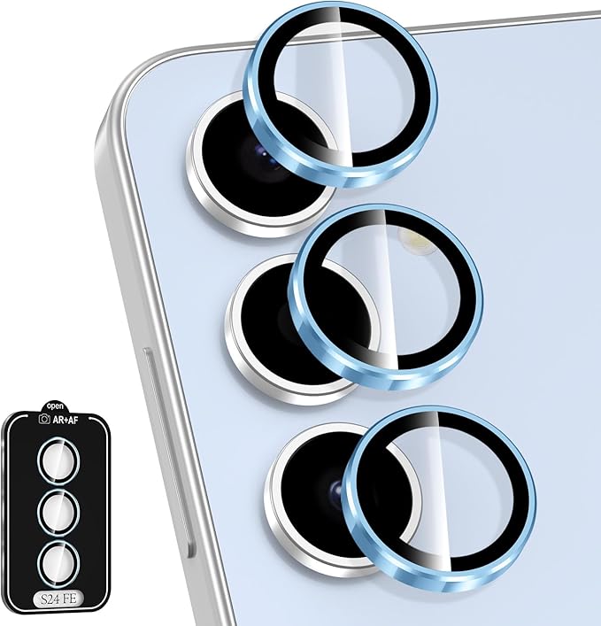 for Samsung Galaxy S24 FE Camera Lens Protector, Individual Metal Ring Tempered Glass Lens Cover, [Strong Adsorption] Scratch Resistant Ultra-Thin HD Clear Lens Cover, 1 Set-Blue Ring