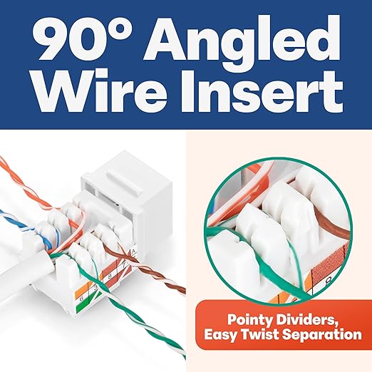 Everest 90° Angled RJ45 Cat5e Keystone Jacks 10-Pack in White - Slim Profile Female RJ45 Connectors - Cat 5e Keystone Jack - Compatible with 90° Angled Speed Termination Tool - easyJACK (B094WB91H3)