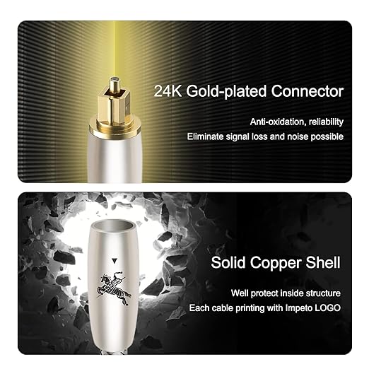Digital Fiber Optic Audio Cable for Sound Bar Toslink Cord Male to Male 24K Gold Plated Connector Optical Audio Cable 6ft 10ft S/PDIF Glass Core, 4.9feet/1.5M IMP-2201