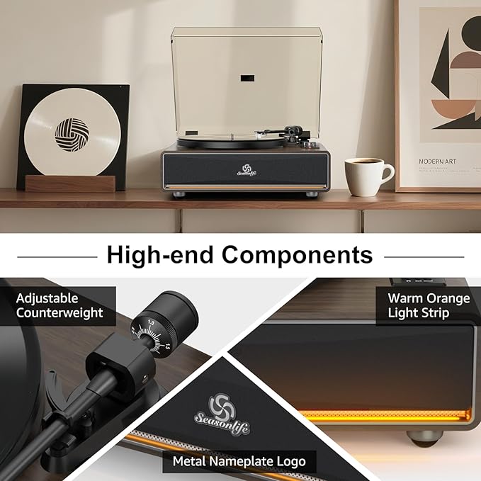 Vinyl Record Player Built in HiFi Stereo Speakers BT Wireless Input Belt Drive Iron Platter Turntables for Vinyls Records with MM Audio AT-3600L Cartridge Soft Warm Light Design Wooden Cream Brown