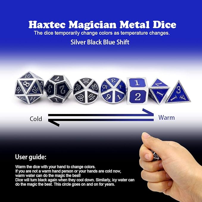 Haxtec Heat Sensitive Metal DND Dice Set Color Changing Metal Dice Temperature Polyhedral D&D Dice Compatible with Dungeons and Dragons RPG-Silver Black Blue Shift