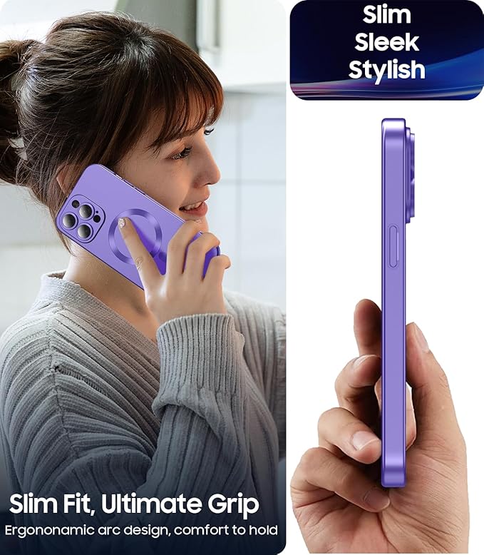 Magnetic for iPhone 14 Pro Max Case [Compatible with MagSafe][Built-in Camera Lens Protector] Slim Soft TPU Bumper Shockproof Metallic Luster Phone Case (Purple)