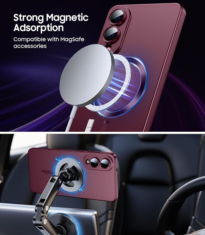 Magnetic for Samsung Galaxy S25 Edge Case [Compatible with MagSafe][Built-in Camera Lens Protector] Slim Soft Silicone Bumper Shockproof Metallic Luster Phone Case (Burgundy)