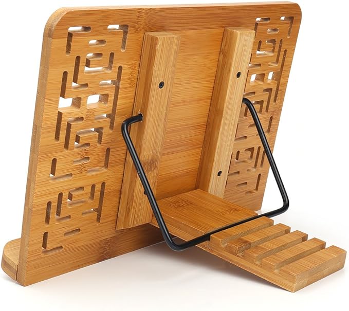 wishacc Bamboo Book Stand Reading Rest Holder Cookbook Cook Stand/Foldable Tablet PC Textbook/Music Document Stand/Desk Bookrest with Retro Hollow Elegant Pattern