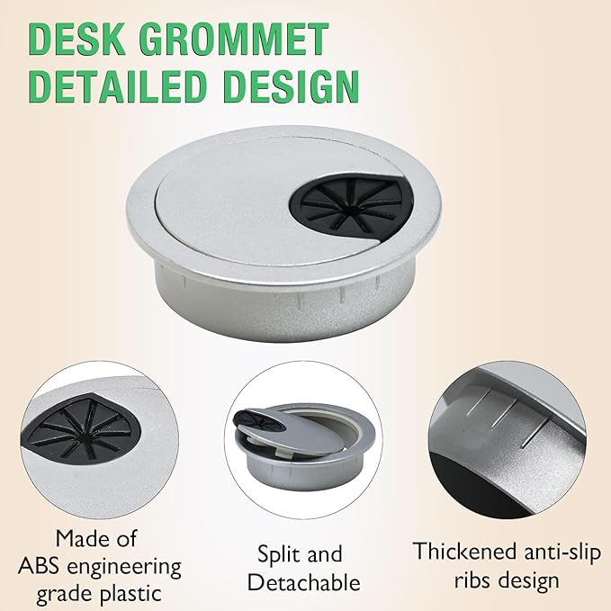 2 Pcs Desk Grommet 2-3/8" / 60 mm, Desk Cord Hole Cover, Cable Grommet ABS Plastic, Desk Hole Grommet for Home & Office Pc, Detachable Cable Cord Organizer-Silver Sand