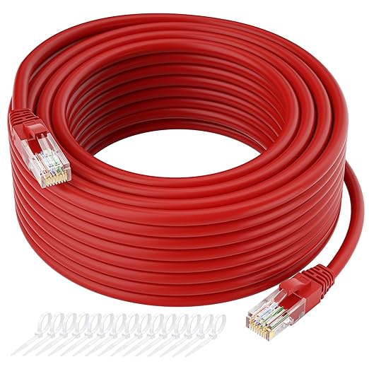 Cat5e Ethernet Cable 125 FT, Cat 5e Internet Cable, Red Snagless Patch Cord, Flexible, Network, LAN, PoE, Standard RJ45 Connector for PC, Server, Router, Modem, TV, PS5 - with 15 Cable Ties