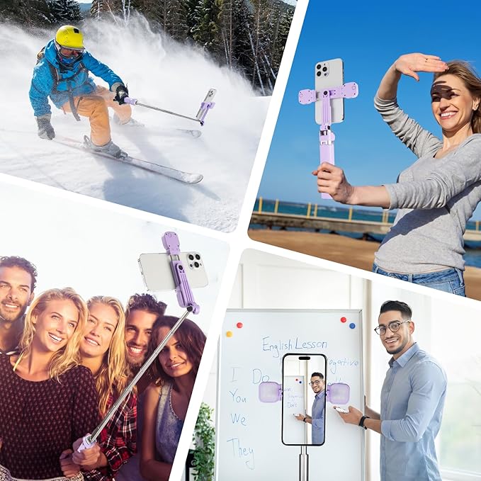 MQOUNY Mini iPhone Tripod Stand & Selfie Stick with Wireless Remote & Removable Light, Extendable Stand 360 Rotation Compatible with iPhone & Android Samsung (Purple)