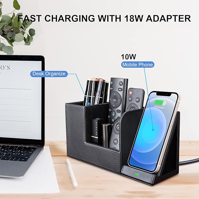 Wireless Charger with Desk Organizer, Wireless Charging Station for iPhone 13/13 Pro Max/13 Pro/12 Series/11/XS Max/XR/X/8Plus/SE 2, Wireless Charging Stand with Leather… (Black L)