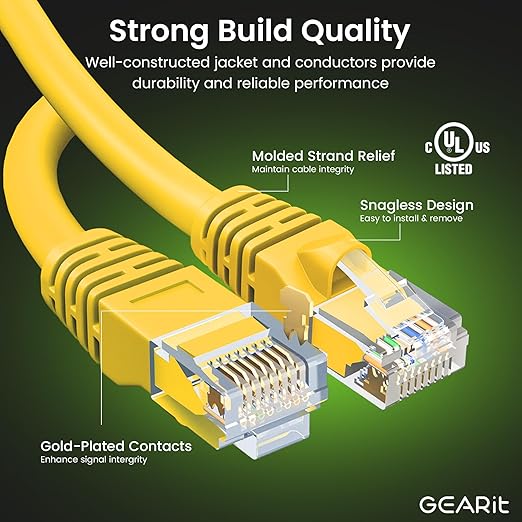 GearIT Cat 6 Ethernet Cable (24-Pack 1 Foot) Cat6 Network Patch, 10Gbps, RJ45, Snagless Cord, Gold-Plated Connectors, Internet for PC, TV, Tablet, Router, Printer, Servers, IT Data Center - Yellow
