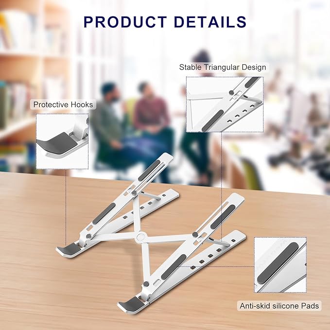 Ergonomic and Foldable Laptop Stand for Desk, Adjustable Riser, Fits All Laptops and Notebooks up to 17,Ultra-Thin,Ventilated Cooling,ABS+Silicone,Silver.