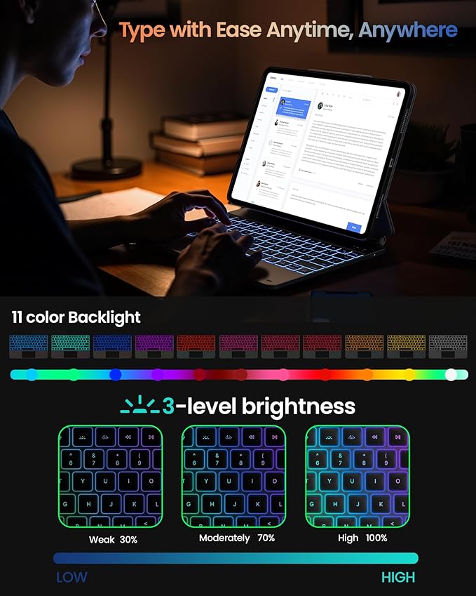 typecase Edge+ Keyboard Case for 2024 iPad Pro 13-inch (M4),Black Keyboard with Litchi Grain Protective Case,Portrait & Typing Modes,Built-in Trackpad,11-Color Backlight,Magnetic Stand,Pencil Holder