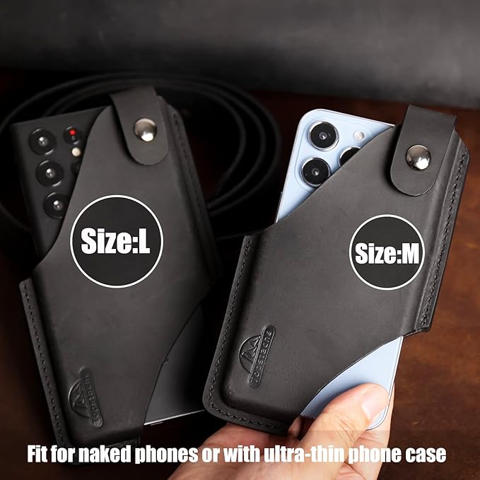 Topstache Leather Belt Phone Holster with Magnetic Closure, Case for iPhone & Samsung, Black, Large