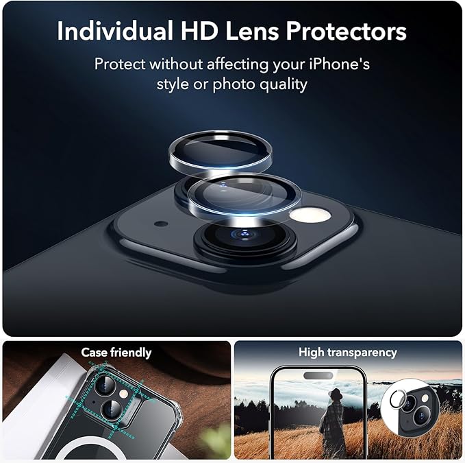 ESR 3+1 Pack for iPhone 15 Screen Protector, [9H Hardness] [Military Grade Shatterproof] Full Coverage Ultra-tough Tempered Glass Film with Easy Installation Frame, 1 Set of Camera Lens Protector