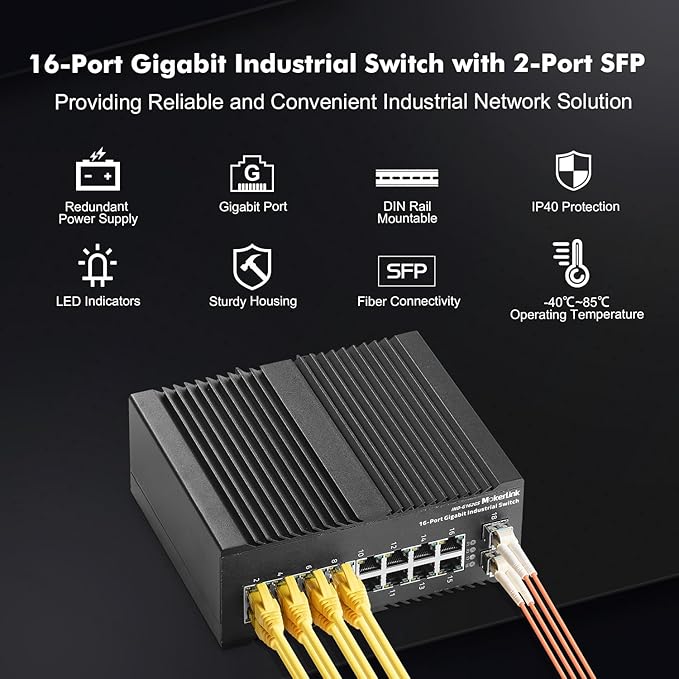 MokerLink 16 Port Gigabit Industrial DIN-Rail Ethernet Switch, 2 Gigabit SFP Ports, Unmanaged IP40 Network Switch (-40 to 185°F), with Power Supply