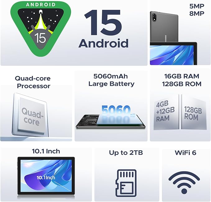 DOOGEE U10(2025) 10 inch Tablet with Keyboard, Android 15 Tablet 16GB+128GB/2TB Expand, 2.0GHz Quad Core Gaming Tablets,5060mAh,1280x800 IPS HD Touchscreen,WiFi 6,Dual Camera,BT5.0,Widevine L1,Blue