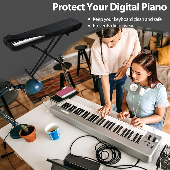 61 Keys Piano Keyboard Dust Cover, Adjustable Electric Piano Keyboard Covers for Digital Electric Pianos, Full Cover Elastic Lock Music keyboard Protector Cover - Black
