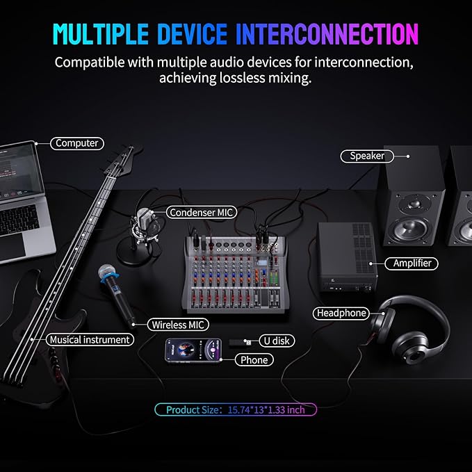 Professional DJ Audio Mixer - 8 Channel DJ Bluetooth Controller Sound Mixer w/DSP 16 Preset Effects, USB Interface, 8 XLR Mic/Line Input, AUX, FX Processor MP3 Player, Headphone Jack