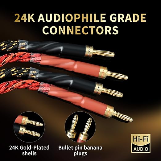 9 AWG Audiophile HiFi Speaker Audio Cable–4N OFC Core,24K Gold-Plated Banana Plugs with Nylon Braid,Compatible with Amplifier,Speakers,AV Receiver & Home Theater(8.20ft/2.5m) 2-Pack