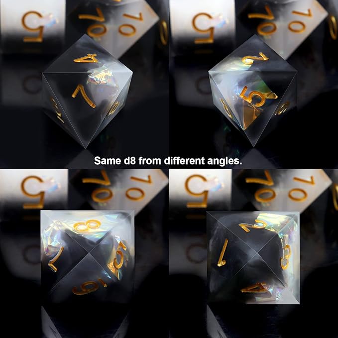 Haxtec Sharp Edge Dice Set DND Dice Black and White Resin Dice Iridecent Mylar Galaxy D&D Dice for RPG Role Playing Compatible with Dungeons and Dragons Gift