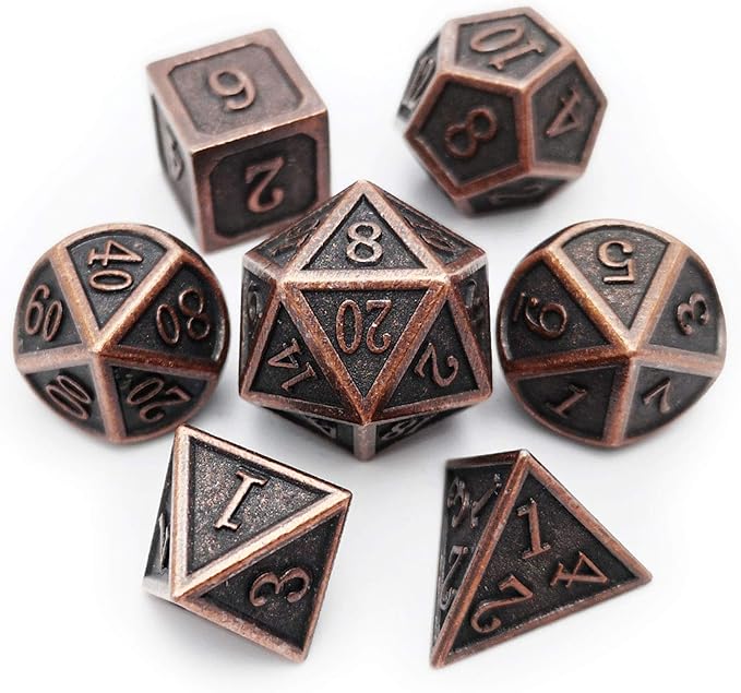 Haxtec Antique Copper Metal DND Dice Set 7 Die Polyhedral D&D Dice Compatible with Dungeons and Dragons Gift TTRPG
