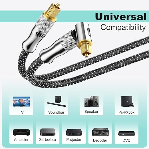 EMK Premium 24K Gold-Plated Right Angle Optical Cable – 90° Toslink to Toslink (8M/25Ft), 360° Rotatable for Soundbars, TVs & Home Theater