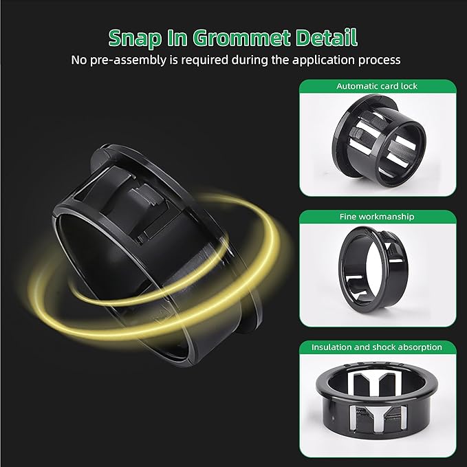 5/8"(16mm) Black Snap-in Knockout Insulating Bushing Grommets, Plastic Cable Hole Grommets for Wiring, Round Nylon Snap in Locking Electrical Wire Cord Hose & Tubing Bushings Grommets, 40pcs
