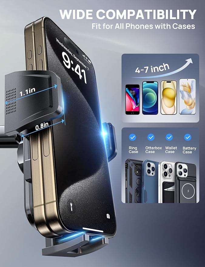 Adjustable Windshield Phone Mount for Car, Suction Cup Dashboard Holder for All Cell Phone, (+Vent Hook) [Military Grade Stable], Non-Slip Silicone Carbon Fiber, (Black)