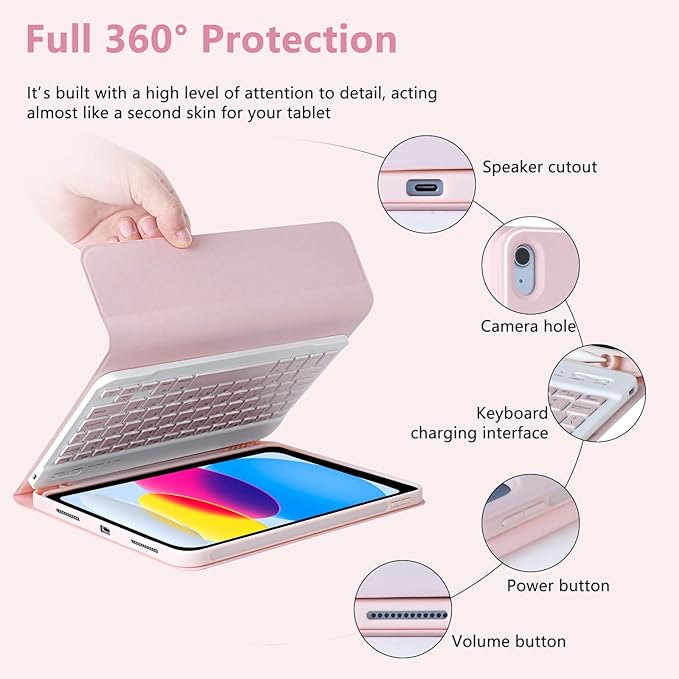 MMK iPad A16 Case (2025, 11"), iPad 10th Generation Case with Keyboard (2022, 10.9"), Wireless Detachable Keyboard, Pencil Holder (Pink)