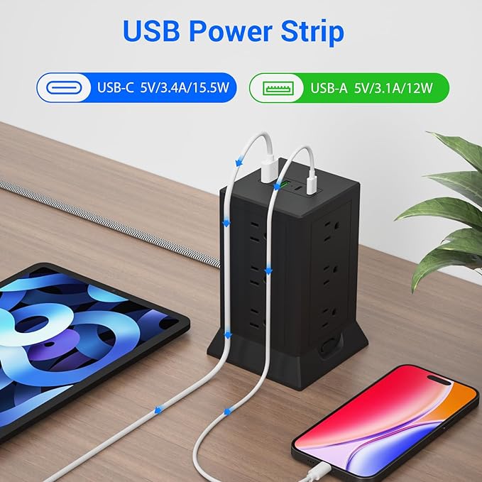 Power Strip Tower with Multiple Outlets, 6.5 Ft Extension Cord Flat Plug with 12 AC Outlets 4 USB Ports (2 USB C), Power Tower Surge Protector with Individual Switches for Home Office Dorm Room, Black