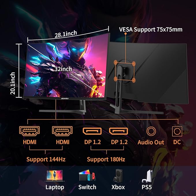 SANSUI 32-Inch Curved Gaming Monitor WQHD 2560 x 1440 180Hz Curved 1500R -1ms(OD), HDR, 300nits, sRGB 125%, DCI-P3 95%, FreeSync, HDMI x2, DP1.2x2(DP Cable Included)