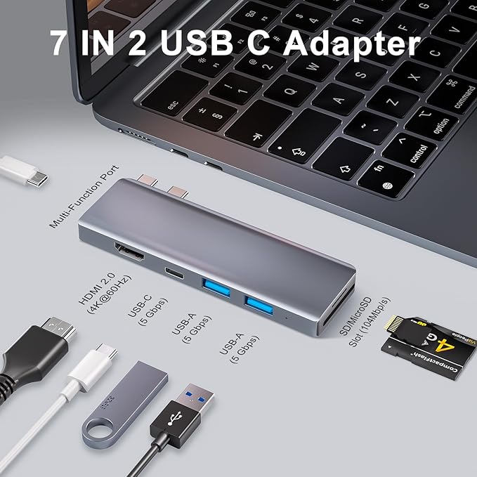 USB C Hub, 7-in-2 USB Adapter for MacBook Pro/Air, Thunderbolt 4 Dock with 4K HDMI, 100W PD, 40Gbps, USB-C 3.0, 2 USB-A 3.0, SD/TF Card Reader, USB Hub for MacBook Pro/Air M1/M2/M3/M4 (Gray)