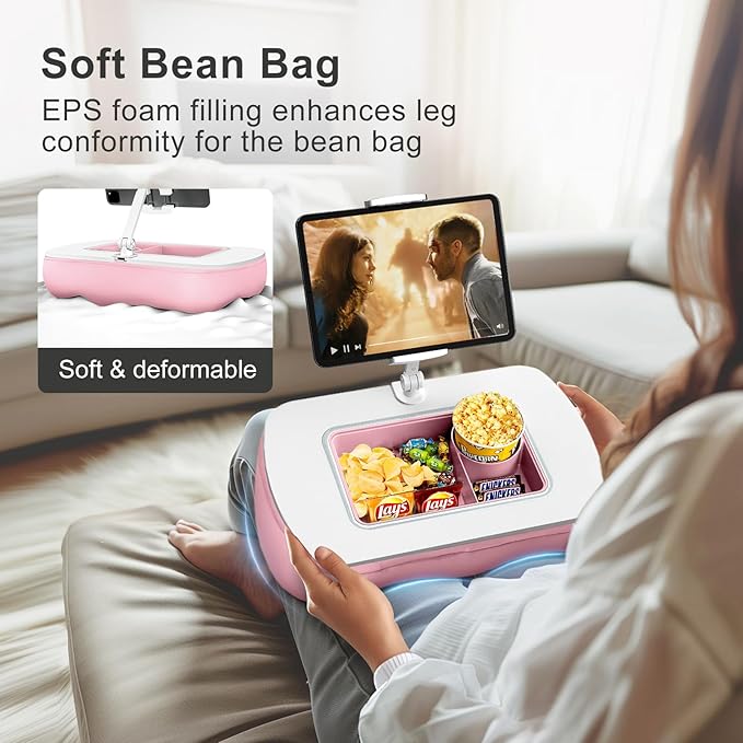 Lap Beanbag Tablet Pillow Stand with Snack Bowl and 360° Rotating Arm, Adjustable iPad Holder for Bed, Couch, and Recliner, Compatible with 4.7"-13" Kindle, iPad, Tablet, Phone,Pink
