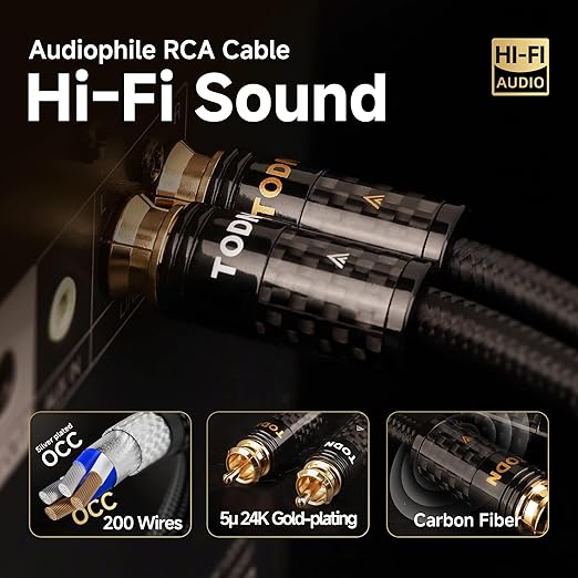 TODN HiFi RCA Cables Audiophile 2 RCA Male to Male Shielded Audio Cable for Home Stereo Systems, Premium Sliver-Plated O-C-C Core (6.5ft/2m, 1 Pair)