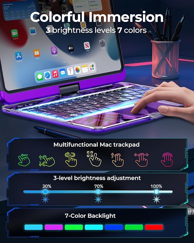 SIEBITU Clear Wireless Keyboard Case for iPad Air 13-inch (M3 2025/M2 2024) & iPad Pro 12.9-inch 6th 5th 4th 3rd Gen with Pencil Holder, Multi-Touch Trackpad & 7-Color Backlit, 360°Rotating, Purple