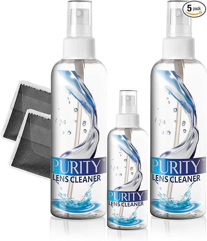 Purity Eyeglass Lens Cleaner Kit - 2 x 8oz and 1 x 2oz Lens Cleaner Spray Bottle + 2 Microfiber Cleaning Cloths - Safe for All Lenses (AR Coated Included), Eyeglasses and Screens - Clear