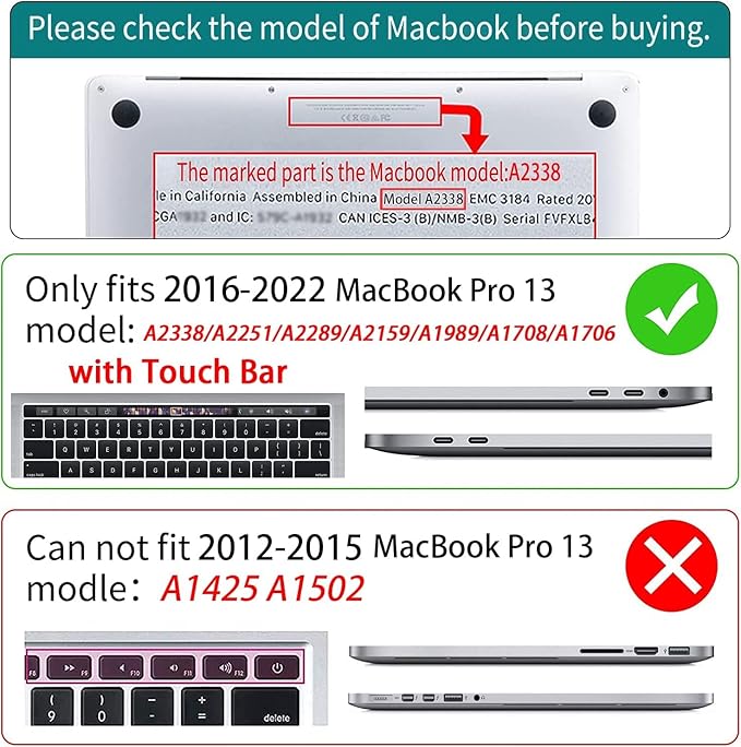 Teryeefi for M1 M2 MacBook Pro 13 inch Case 2022 2020-2016 Release (Model A2338 A2289 A2251 with Touch Bar), Plastic Hard Shell Case & Keyboard Cover & Screen Protector, Gold Flowers