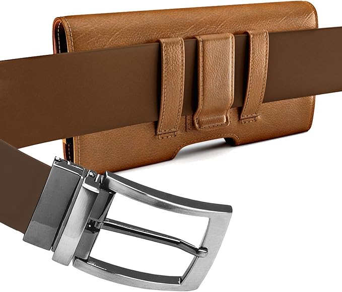 Holster for iPhone 16 16e Pro 15 14 13 12 11 10 XR Xs X, Samsung Galaxy S25 S24 S23 5G - Cell Phone Belt Holder Case with Clip - ID Card Magnetic Pouch - Brown