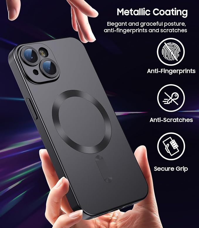 Magnetic for iPhone 14 Case [Compatible with MagSafe][Built-in Camera Lens Protector] Slim Soft Silicone Bumper Shockproof Metallic Luster Phone Case (Black)