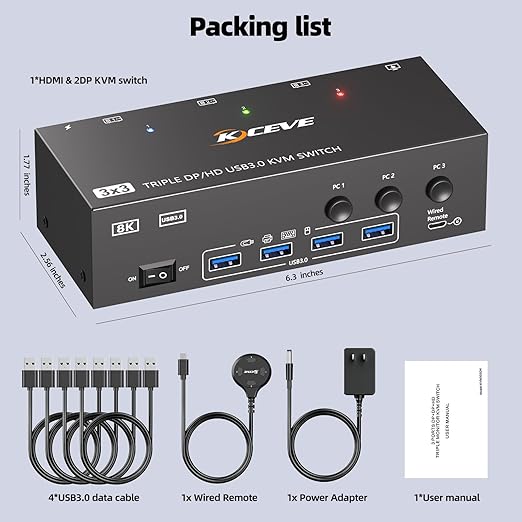 KVM Switch 3 Monitors 3 Computers 8K@60Hz 4K@144Hz, HDMI Dispalyport Triple Monitor KVM Switches with 4 USB3.0 Port for USB Devices, Support Extended/Mirror Mode, Wired Controller and USB3.0 Cables