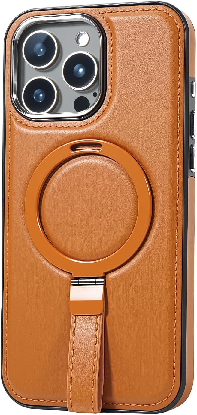 Leather Case, Suitable for iPhone 16 Case, Invisible Magnetic Design, Equipped with a Lanyard and Foldable Stand, Black, Yellow and red (Black, iPhone 16)