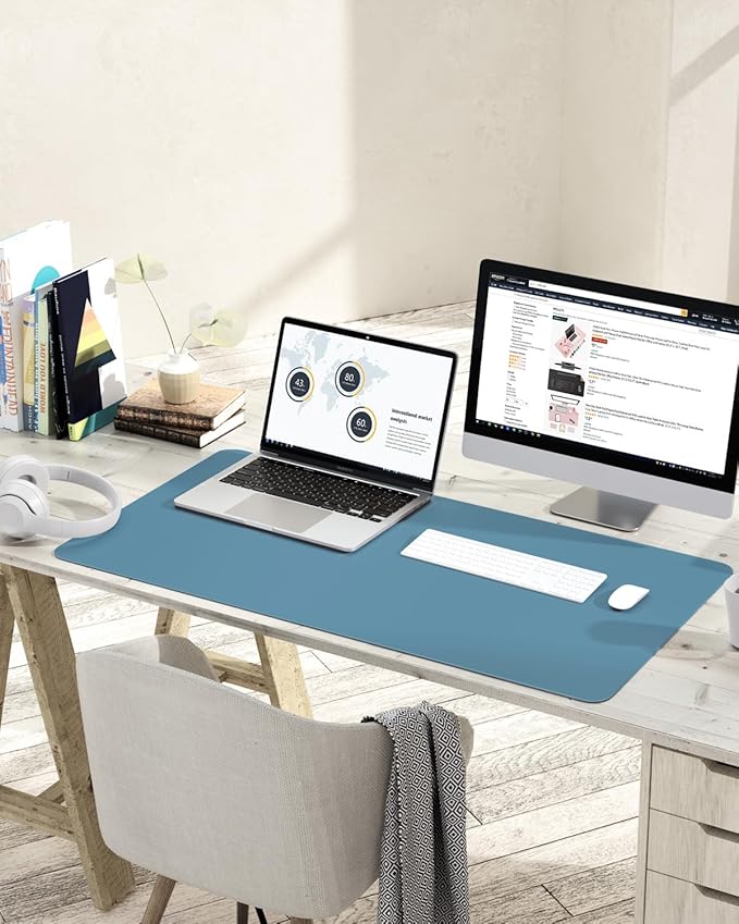 YSAGi Non-Slip Leather Desk Pad L Size, Waterproof Laptop Computer Desk Keyboard Mat, Table Protector Blotter Mat, Large Mouse Pad for Office/Work/Home/Decor(Blue, 35.4" x 17")