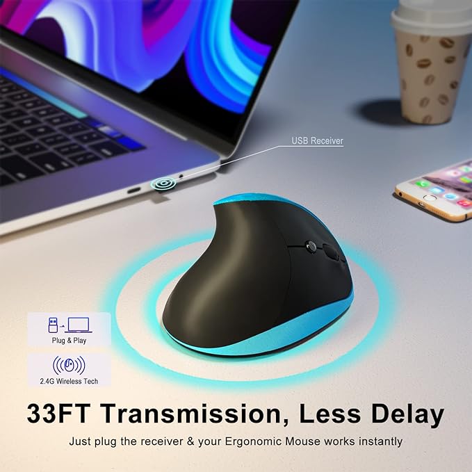 Vassink Ergonomic Mouse, Rechargeable Wireless Mouse Right Handed Small Mouse with 6 Buttons for Laptop,Desktop,PC, MacBook（Blue）