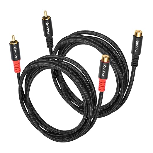evinal RCA Female to Male Extension Cable - Premium Audio Extender Cord for High Sound Quality & Durability, Compatible with Home Theater, TV, Soundbar - 6.6ft/2m