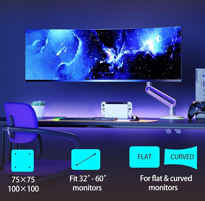 RGB Gaming Monitor-arm for Flat/Ultrawide/Curved Monitors 32 to 60 inch, Heavy Duty Stand Load up to 20 kg, VESA 75/100 mm Monitor-Mount G70-New