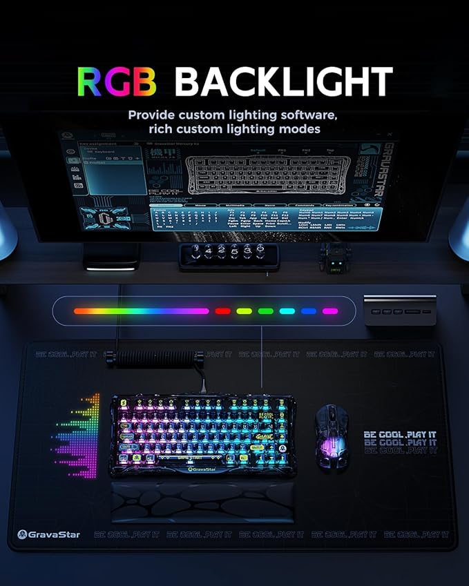 GravaStar Mercury K1 Lite 75% Gaming Keyboard, 2.4GHz/BT/Wired Tri-Mode Wireless Keyboard, Gasket Hot Swappable Mechanical Keyboard, Pre-lubed Linear Switches, RGB Backlit - Transparent Black