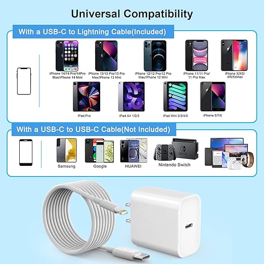 Fast iPhone Charger, Quick 10Foot USBC Wall Charger Phone Charge 2Pack 20W PD USB C Fast Charger Block + 10FT Lightning Fast Charging Cable for iPhone 14/Pro/Pro Max/Plus/13/12/11/XS/XR/X/SE2022/iPad