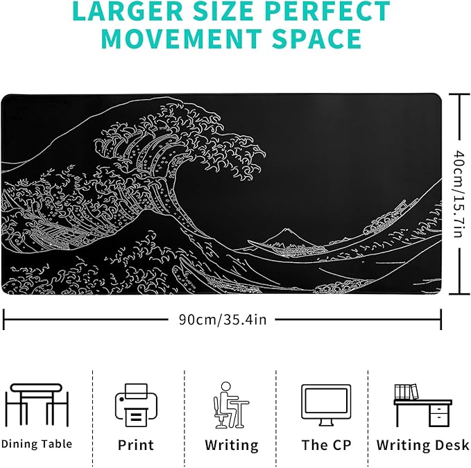 Japanese Sea Wave Large Mouse Pad Abstract Black Mouse Pad 31.5x11.8 Inch Black Kanagawa Texture Non-Slip Rubber Base Large Ocean Mousepad Stitched Edge Keyboard Mouse Mat Desk Pad for Office and Home