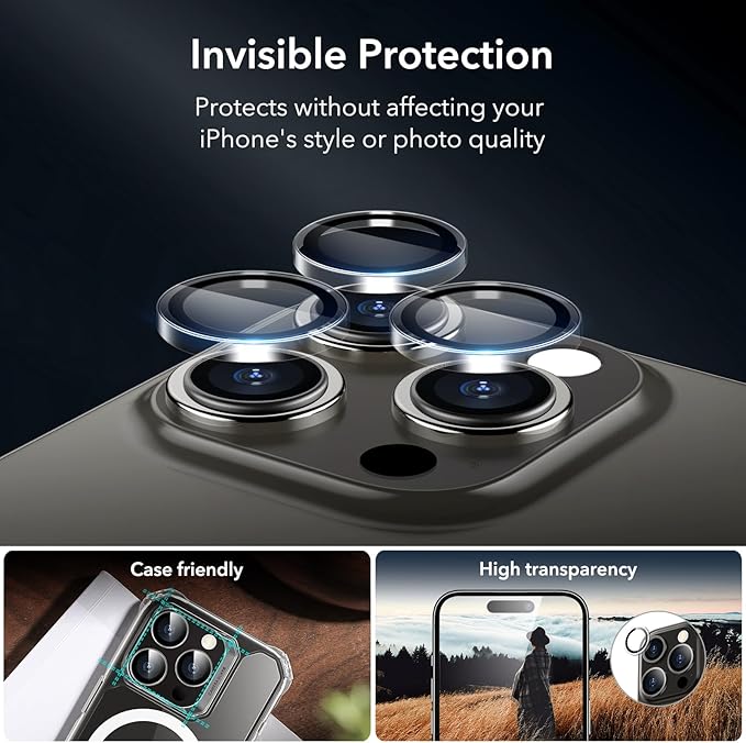 ESR 3+1 Pack for iPhone 15 Pro Privacy Screen Protector Set, Anti-spy Tempered-Glass Privacy Screen Protector, Micro-curved Edges, Case Friendly, 3-Pack with 1 Set of Individual Camera Lens Protector