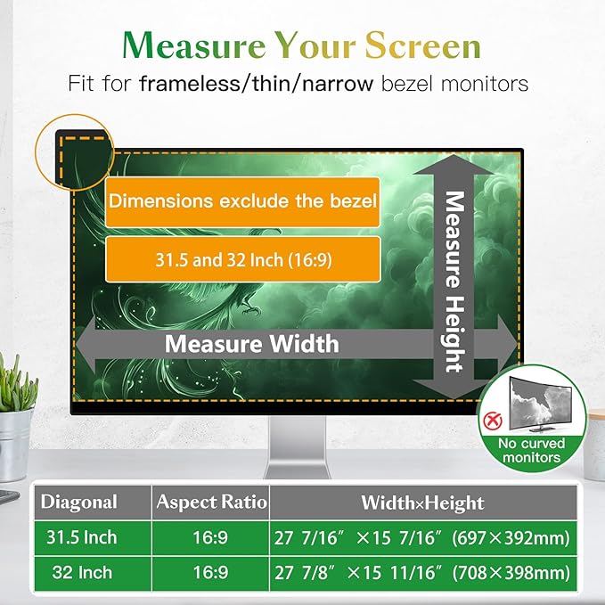 Magnetic 32 inch Computer Privacy Screen Filter for 16:9 Widescreen Monitor Desktop PC, 32in Hanging Removable Anti Glare Blue Light Eye Protection Shield, Anti Spy Screen Protector Panel